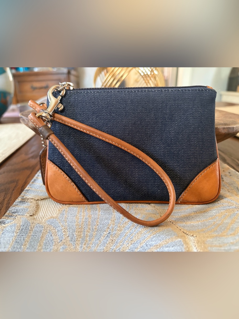 Coach Denim and Tan Leather Wristlet